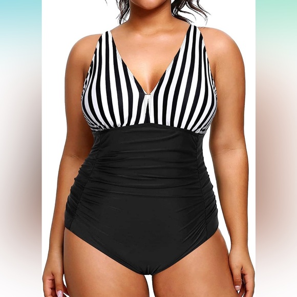 Aqua Eve Women Plus Size One Piece Swimsuits V Neck Tummy Control Bathing Suit - Picture 7 of 9
